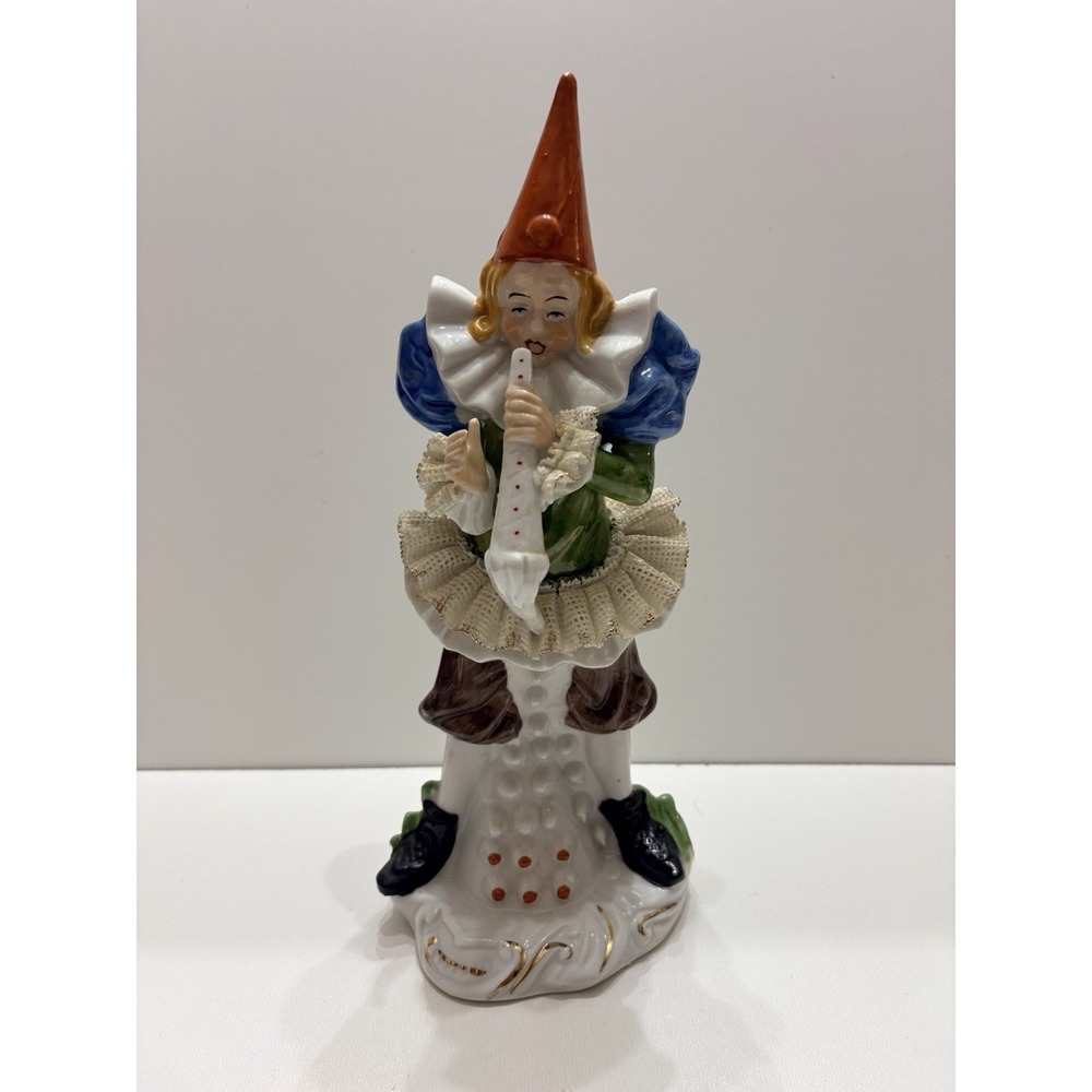 Vintage‎ Fine Bisque Porcelain Figurine Clown Blowing Horn Lace Trim